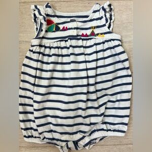 TEA COLLECTION Girl bubble suit navy blue white stripe embroider 9 to 12 mo